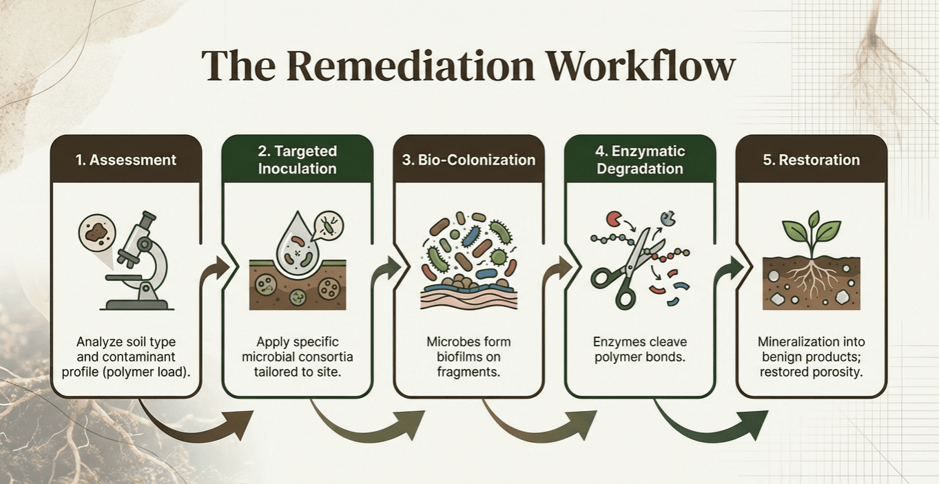 Microplastics remediation workflow showing the complete process from assessment to optimization