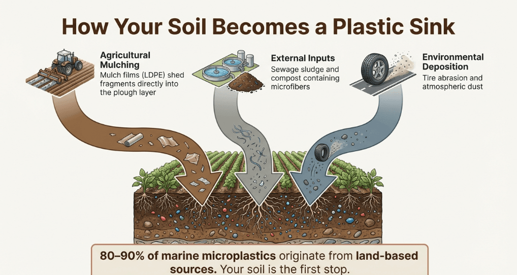 Visualization showing how soils become plastic sinks, accumulating microplastics over time