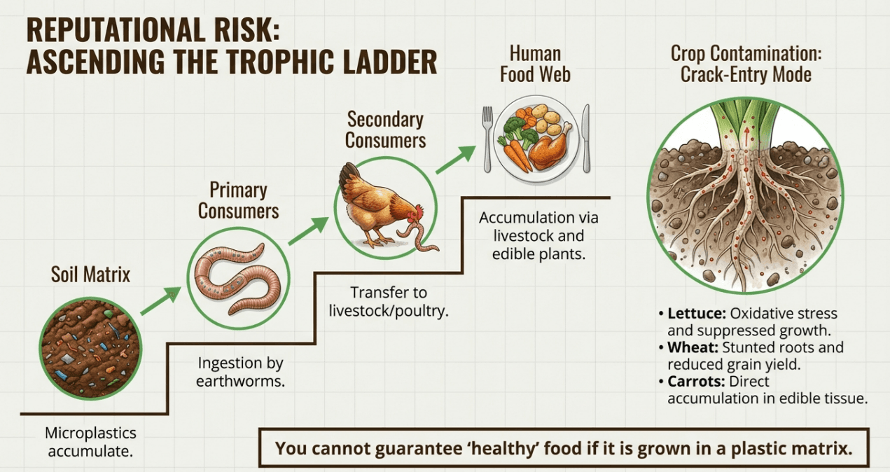 Trophic ladder showing how microplastics are transported from soil through the food web, from soil matrix to primary consumers (earthworms), crops, secondary consumers (livestock/poultry), and into the human food web