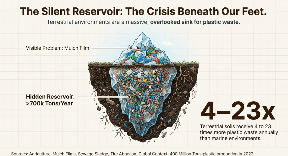 Visual metaphor showing the accumulation of microplastics as a mountain in soils